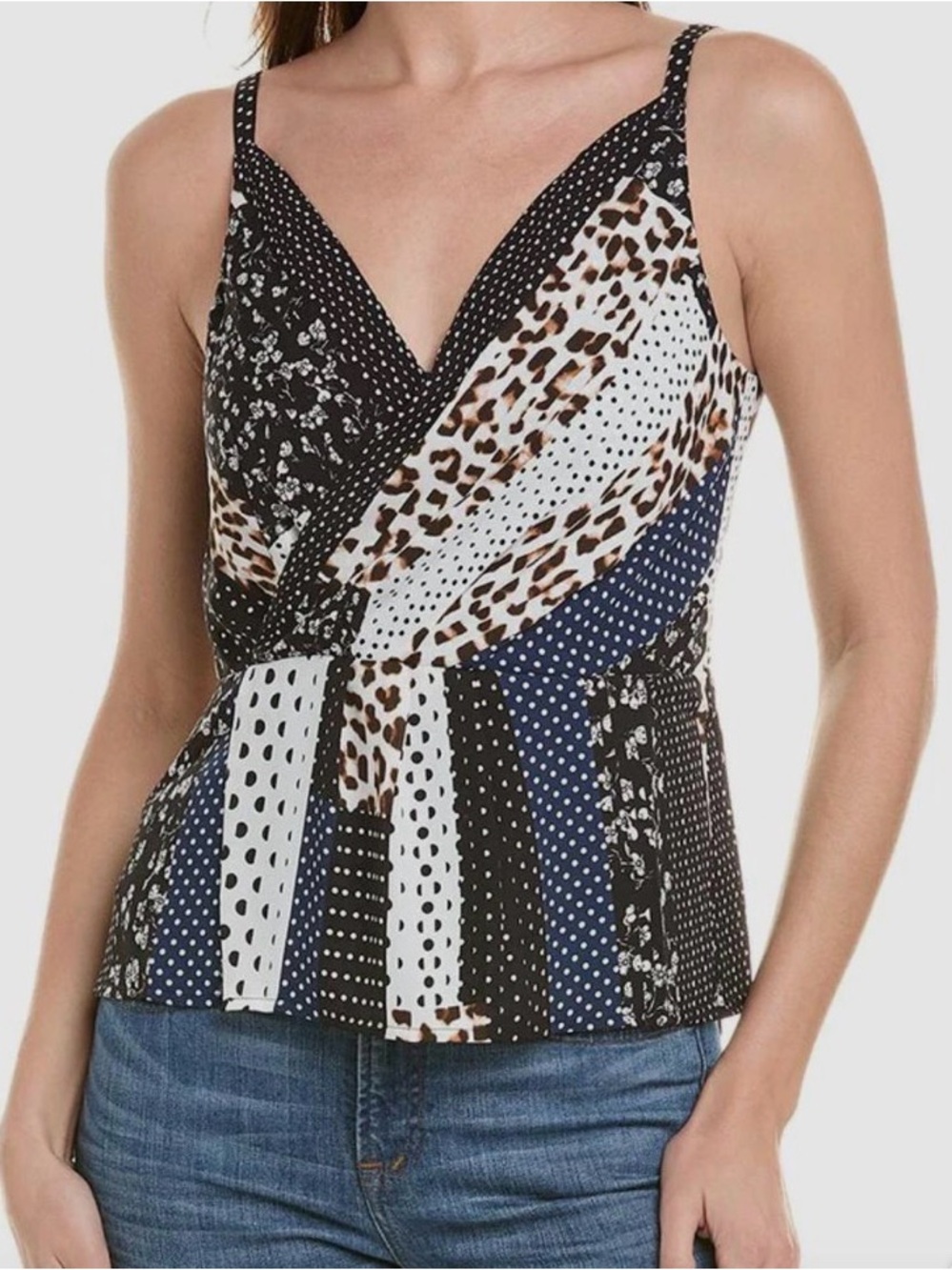 CAbi Crossover Cami Top Size 8 Mixed Print Blouse Tank Animal Patchwork